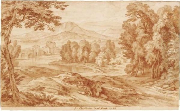 An Italianate Landscape With Woodland Leading To A Lake, And A Town In The Distance Oil Painting by Adriaen Frans Boudewijns