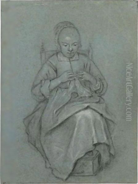 A Seated Young Woman Embroidering A Cloth, Her Feet Resting On A Foot-Warmer Oil Painting by Quiringh Gerritsz. van Brekelenkam