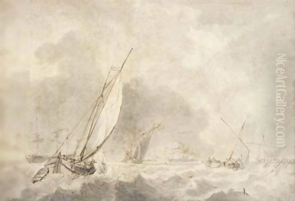 Small Vessels Under Sail In Choppy Waters With Warships At Anchor In The Distance Oil Painting by Ludolf Backhuysen