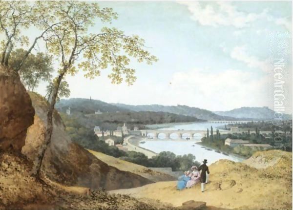 View From A Hillside Of A Town In A River Valley, With Three Figures Resting In The Foreground Oil Painting by Henri Knip