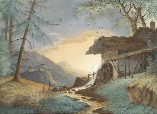 A Watermill In An Alpine Landscape Oil Painting by Hendrik Johannes Knip