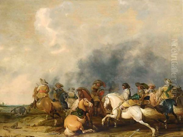 A Cavalry Battle Scene Oil Painting by Palamedes Palamedesz. (Stevaerts, Stevens)