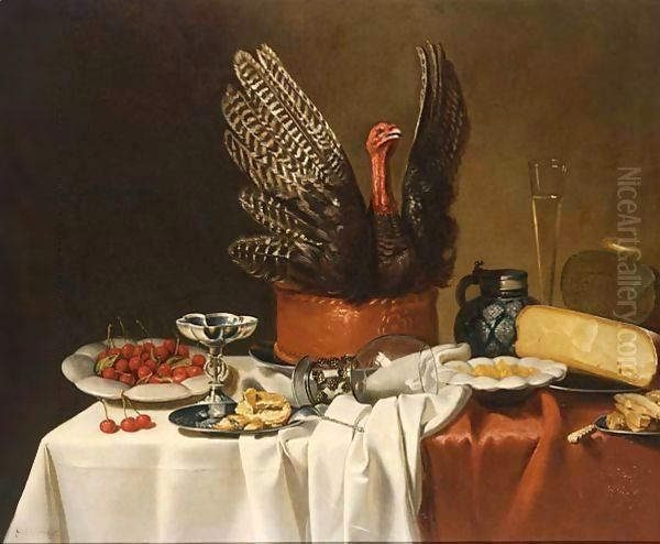 A Still Life With A Turkey Pie, Cherries On A Plate, A Silver Tazza, Bread On Pewter Plates Oil Painting by G. Vervoorn