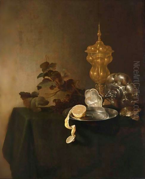 A Still Life Of A Tazza, A Peeled Lemon On A Pewter Plate, A Silver-Gilt Cup With Cover And Grapes Oil Painting by Jan Davidsz. De Heem