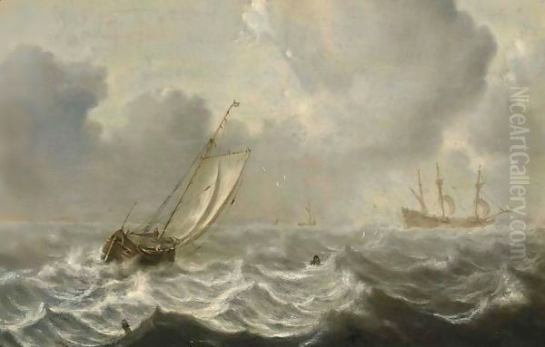 A Smallschip And A Frigate In Stormy Waters Oil Painting by Jan Porcellis