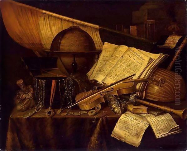 A Vanitas Still Life With Books And Leaflets, A Globe, A Princely Flag, A Musical Score, Musical Instruments Oil Painting by Edwart Collier