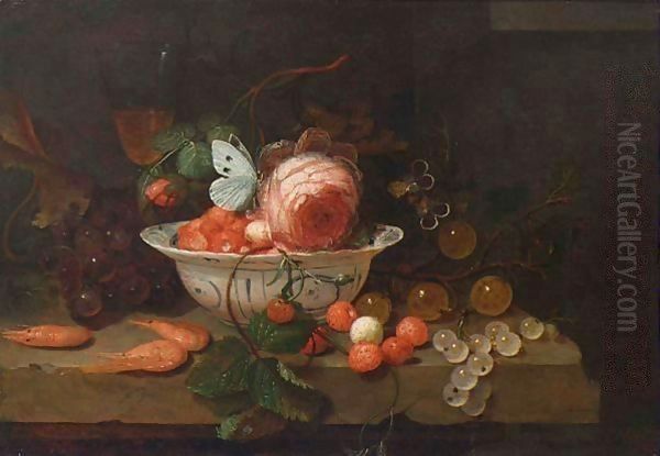 A Stil Life With A Porcelain Bowl With Strawberries, A Rose And A Butterfly, A Wineglass, Grapes, Prawns, Gooseberries, All On A Stone Ledge Oil Painting by Jan Mortel