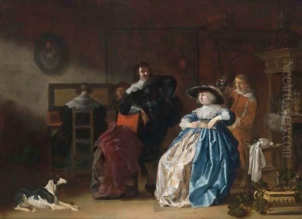 An Elegant Couple Conversing, Another Couple At A Virginal Together With A Servant In An Interior Oil Painting by Anthonie Palamedesz