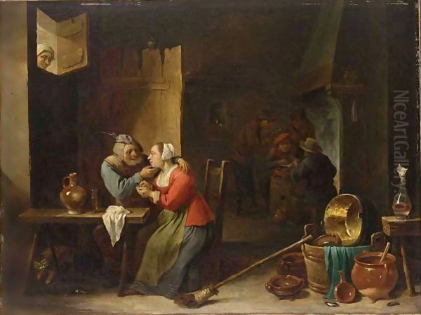 An Interior Of An Inn With An Amorous Couple At A Table, And Figures Smoking Near A Fireplace In The Background Oil Painting by David The Younger Teniers