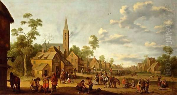 A Street Scene With Soldiers Overtaking The Village Oil Painting by Joost Cornelisz. Droochsloot