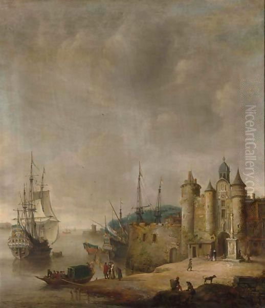 A Harbour Scene With A Man-Of-War And Other Shipping, Figures Conversing On The Shore Oil Painting by Jan Abrahamsz. Beerstraten