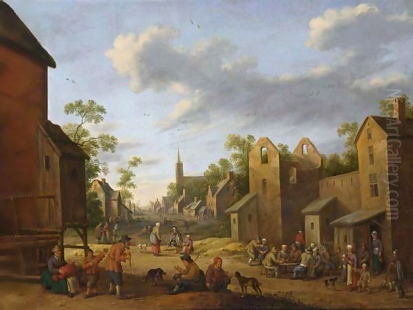 A Village Street Scene With Peasants Drinking Outside An Inn, A Beggar Woman In The Foreground, A View Of A Church Tower Beyond Oil Painting by Joost Cornelisz. Droochsloot