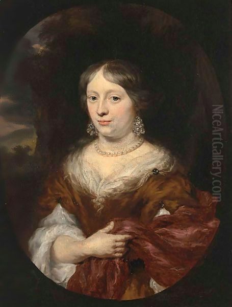 A Portrait Of A Lady, Half Length, Wearing An Orange And White Dress With A Red Shawl Oil Painting by Nicolaes Maes