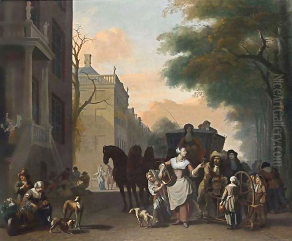 A View In Amsterdam With A Maid Flirting With A Knife Grinder On A Canal Oil Painting by Ludolf Backhuysen