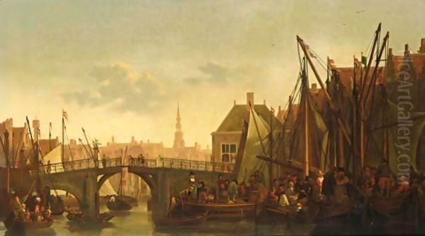 Dordrecht A View Of The Appelmarkt With The Oude Haven And The Nieuwbrug, A View Of The Tower Of The Groothoofdspoort In The Distance Oil Painting by Abraham Van Calraet