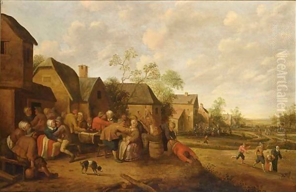 A Village Street With Peasants Drinking Outside An Inn Oil Painting by Joost Cornelisz. Droochsloot