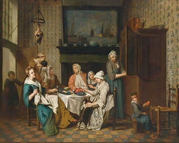 An Interior With An Elegant Company Dining, A Child Playing In The Right Foreground Oil Painting by Jan Jozef, the Younger Horemans