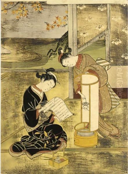 The Evening Glow Of The Lamp Oil Painting by Suzuki Harunobu