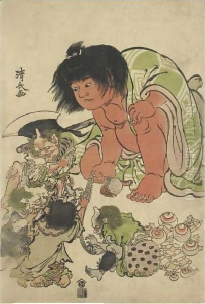 Boy with elfs Oil Painting by Torii Kiyonaga