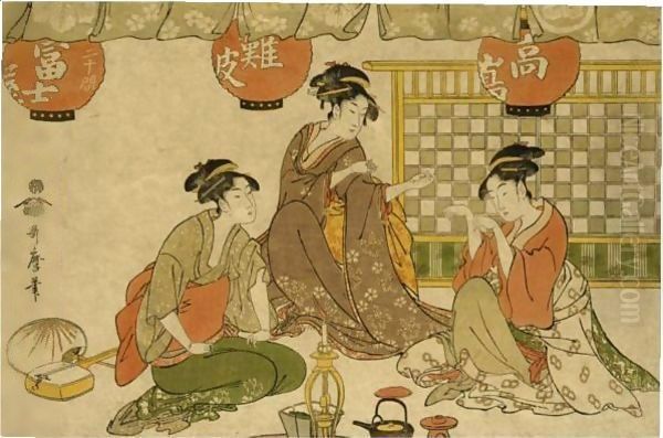 'Kitsuneken Sanbijin' (Three Beauties Playing The Party-Game 'Catch The Fox') Oil Painting by Kitagawa Utamaro