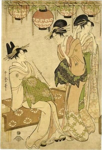 'Fujidana Shita No Tayu' (Tayu Beneath A Shelf Of Wisteria) Oil Painting by Kitagawa Utamaro