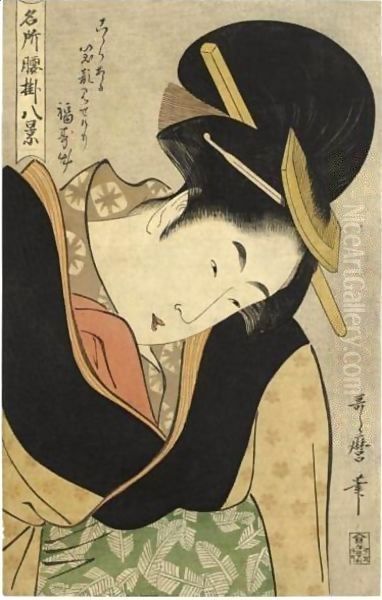 'Futokorode' (Hands Inside The Kimono) From The Series 'Meisho Koshikake Hakkei' Oil Painting by Kitagawa Utamaro