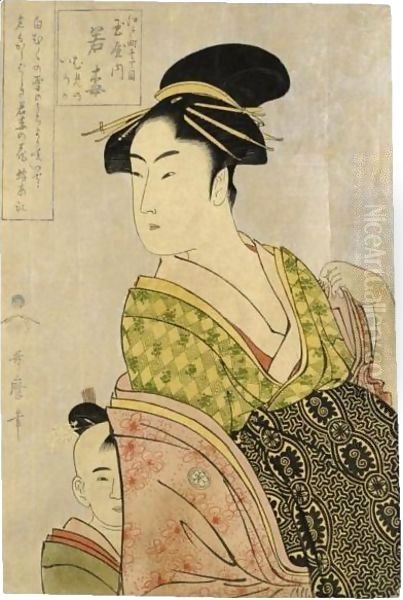 Wakaume Of The Tamaya In Edo-Cho Itchome, [Kamuro] Mumeno, Iroka Oil Painting by Kitagawa Utamaro