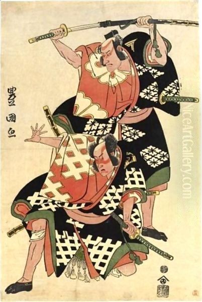 Ichikawa Komazo III And Bando Hikosaburo III In Unidentified Roles Oil Painting by Utagawa Toyokuni