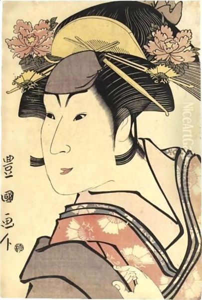 Okubi-E Of Iwai Hanshiro Iv In An Unidentified Onnagata Role Oil Painting by Utagawa Toyokuni