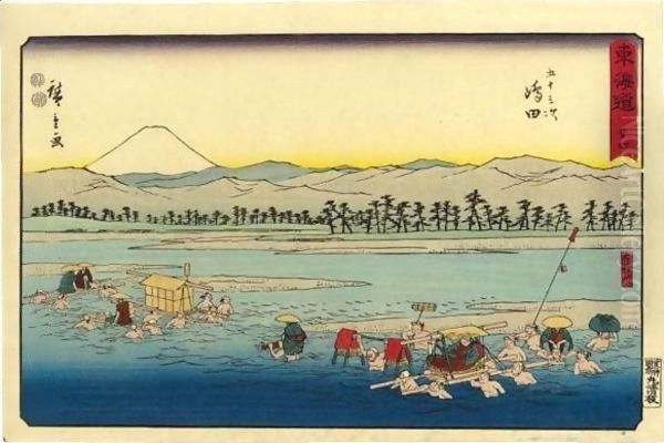 Yoshiwara Oil Painting by Utagawa or Ando Hiroshige