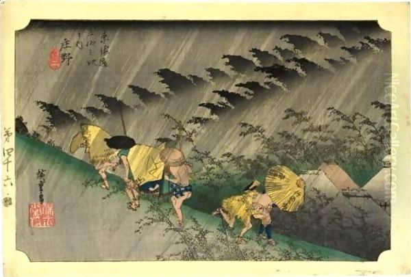 Rain Oil Painting by Utagawa or Ando Hiroshige