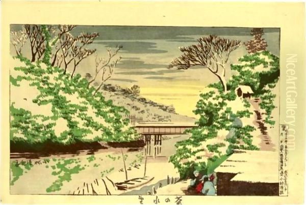 Bridge At Okawa Oil Painting by Kobayashi Kiyochika