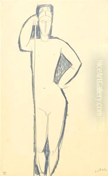 Homme Nu De Face SAappuyant Sur Un Baton Oil Painting by Amedeo Modigliani