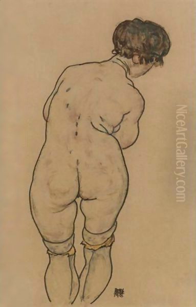 Stehender Weiblicher Ruckenakt (Standing Female Nude Seen From Behind) Oil Painting by Egon Schiele