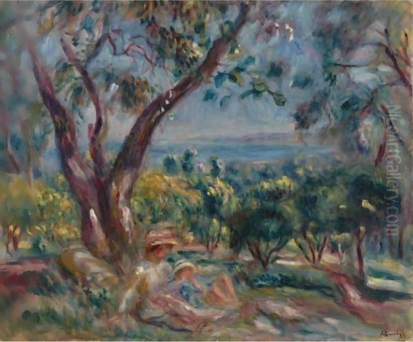 Paysage A Cagnes Avec Femme Et Enfant Oil Painting by Pierre Auguste Renoir