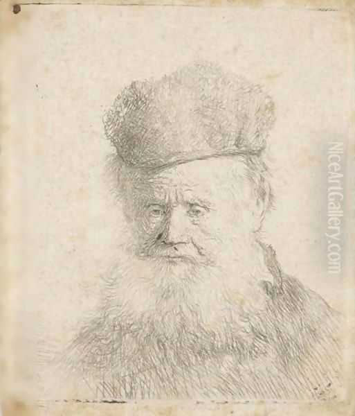 Bust Of An Old Man With A Fur Cap And Flowing Beard, Nearly Full Face, Eyes Direct Oil Painting by Rembrandt Van Rijn