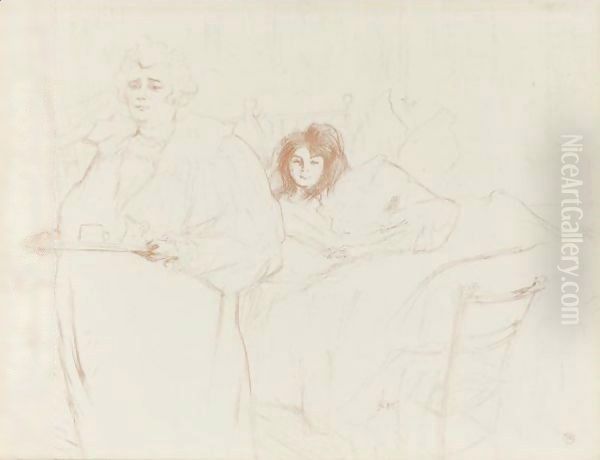 Femme Au Plateau, Petit Dejeuner, Madame Baron Et Mademoiselle Popo Oil Painting by Henri De Toulouse-Lautrec