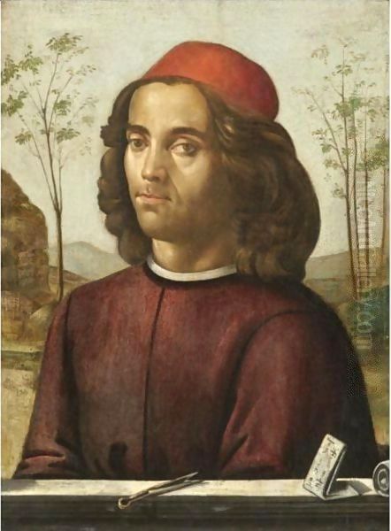 Portrait Of A Gentleman, Head And Shoulders, Wearing A Crimson Tunic, With A Pair Of Dividers On A Stone Ledge Oil Painting by Domenico Ghirlandaio