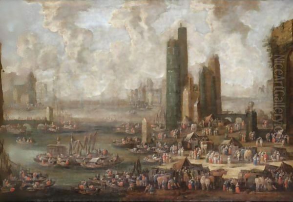 A Capriccio Harbour Scene With Numerous Figures And Merchants On The Quay Oil Painting by Pieter Casteels