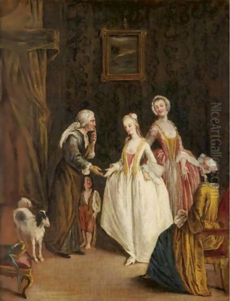 An Interior With An Elderly Lady And Her Child Receiving Charity From Three Young Ladies Oil Painting by Pietro Longhi