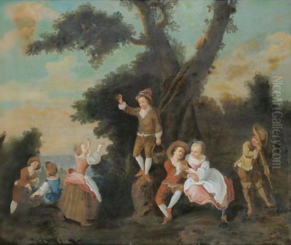 A Landscape With Children Harvesting Fruit Oil Painting by Nicolas Lancret