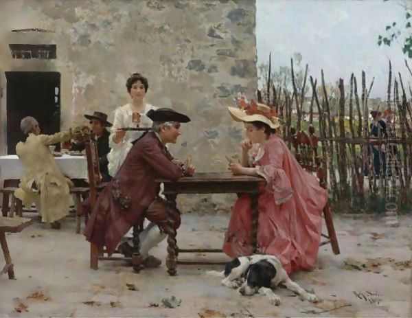 A Card Game Oil Painting by Raffaelo Sorbi