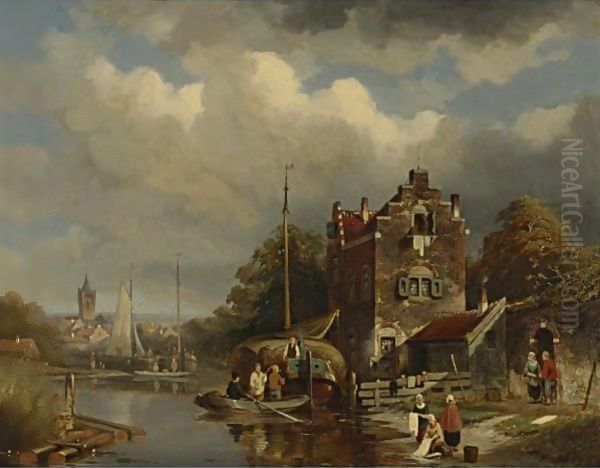 A Busy Day On The Canal Oil Painting by Jacques Carabain