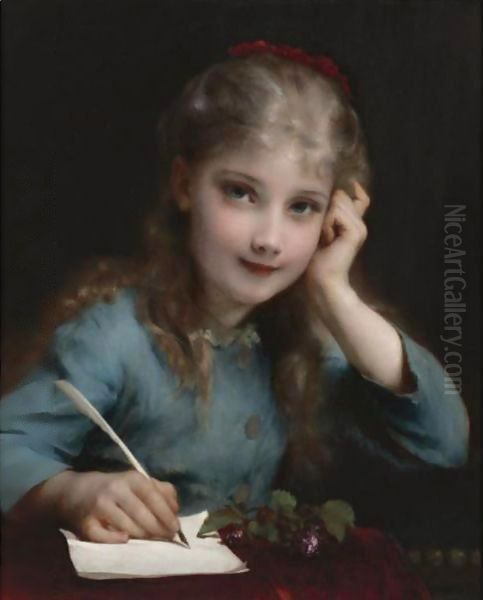 A Young Girl Writing A Letter Oil Painting by Etienne Adolphe Piot