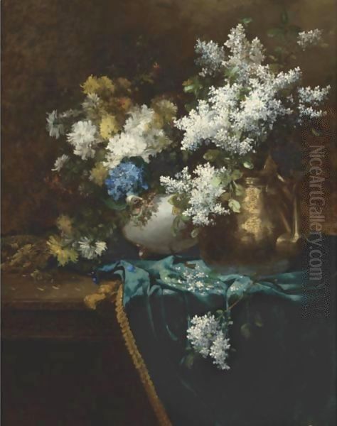 Still Life With Lilacs, Hydrangea And Chrysanthemums Oil Painting by Jean-Baptiste Robie