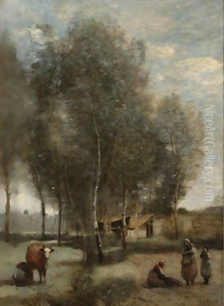 Sainte-Catherine-Les-Arras Prairies Plantee D'Arbres Avec Quelques Cabanes Au Fond Oil Painting by Jean-Baptiste-Camille Corot