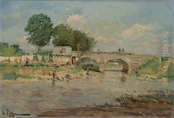 Laundry Day On The River Oil Painting by Edmond Marie Petitjean