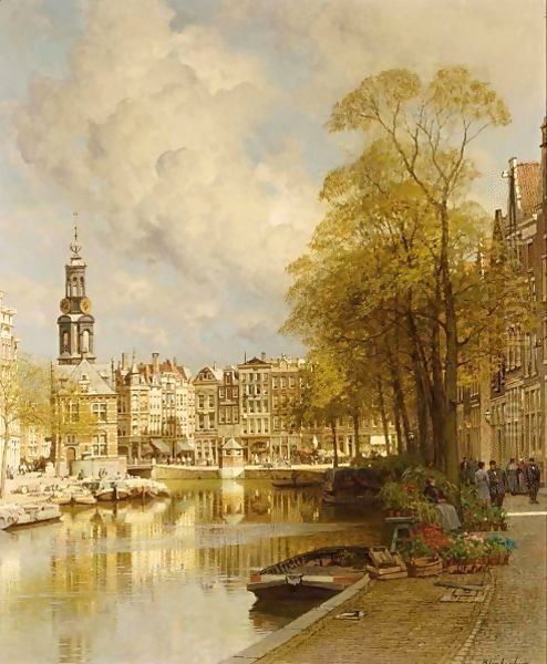 A View From The Singel On The Munttoren, Amsterdam Oil Painting by Johannes Christiaan Karel Klinkenberg