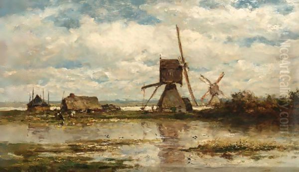 Two Windmills And A Farmhouse In A Polder Landscape Oil Painting by Willem Roelofs