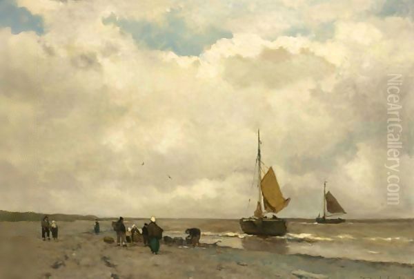 Unloading The Catch Oil Painting by Jan Hendrik Weissenbruch